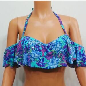 Xhilaration Blue and Purple Bikini Top with Ruffle Overlay Off The Shoulder